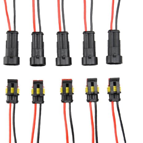 Diageng 5 Kit 2 Pin Way Car Waterproof Electrical Connector Plug with Wire AWG Marine Black with black and red cables