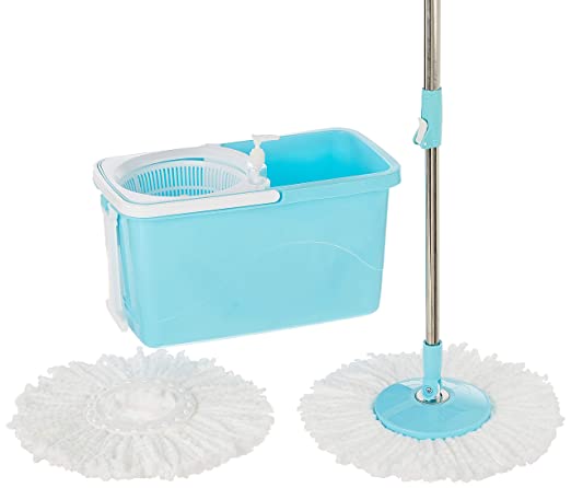 Amazon Brand - Presto! Spin Mop, Rectangular Bucket with Plastic Basket and in-built wheels, 2 Refills