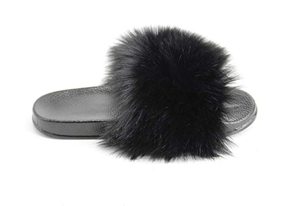 NewYouDirect Fur Slides for Women,Fuzzy Sandals Flip Flop Furry Slides Slippers Soft Flat for Indoor Outdoor