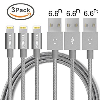 Value Pack of 3 POWCELL 6 Feet Nylon Braided Fast Charger Cord For Apple iPhone/iPad, Fast USB Data Sync & Charge Cord Cable