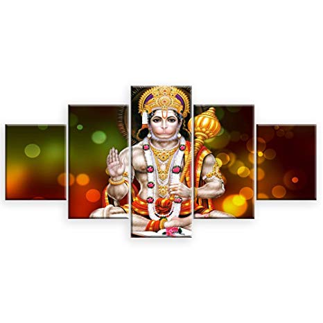 PEACOCK JEWELS [Small] Premium Quality Canvas Printed Wall Art Poster 5 Pieces / 5 Pannel Wall Decor Hanuman Painting, Home Decor Pictures - Stretched