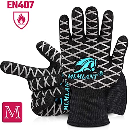 MLMLANT BBQ Gloves Extreme Heat Resistant,BBQ Tools Oven Grilling Gloves High up to 800 ℃ / 1472 ℉, Grill Gloves with EN407 Certified for BBQ, Grill, Cooking, Baking, Welding, Black-2 Pcs
