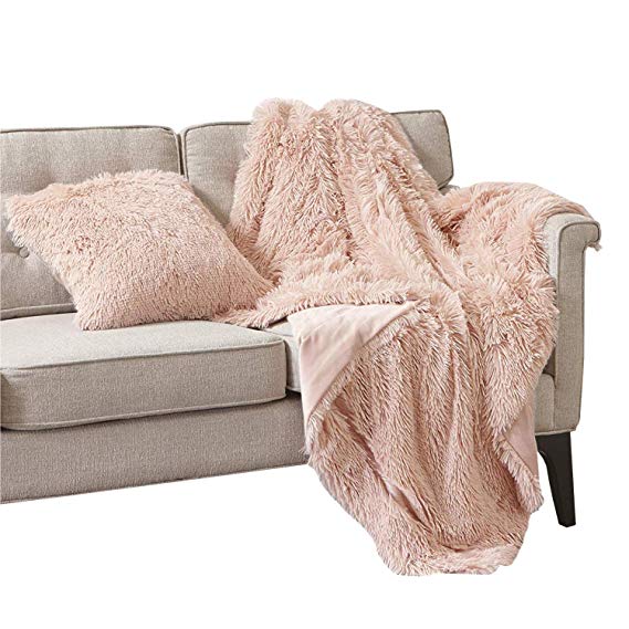 Comfort Spaces Luxury Shaggy Faux Fur Lightweight Throw Blanket | Soft & Warm Microfiber Blanket for Couch Bed Sofa - 50"x 60" Pink Blush with Pillow Cover