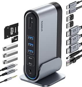 Baseus 17-in-1 Docking Station, Laptop Docking Station 3 Monitors with 3 * 4K HDMI, USB C Docking Station with 7 USB, 1000Mbps Ethernet, 100W PD, Card Readers Compatible with Acer/HP/Lenovo/Mac/Dell