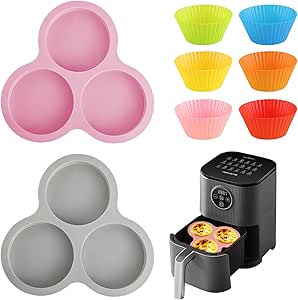 Abnaok 2PCS Silicone Air Fryer Egg Pan with 6PCS Reusable Silicone Baking Cups, Non-Stick Air Fryer Baking Pan, 3 Cavity Silicone Muffin Pans Muffin Cups for Baking