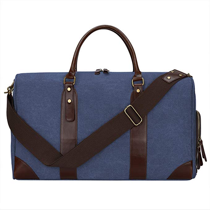 S-ZONE Canvas Leather Trim Travel Tote Duffel Shoulder Handbag Weekender Bag (B-Blue)