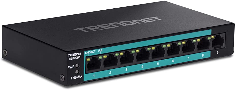 TRENDnet 9-Port Unmanaged Fast Ethernet Long Range PoE  Switch, 8 x Fast Ethernet PoE  And 1 x Fast Ethernet Port, Extend PoE  Up To 250m (820 ft) At 10Mbps, 1.8Gbps, 60W Power Budget, Black, TE-FP091