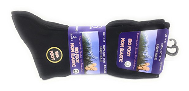 Mens 100% Cotton Diabetics Black and Assorted Non-Elastic Socks, Mens Soft Top Rib Socks, size UK 6-11 and 11-14 Bigfoot available in 3/6/12 pair packs