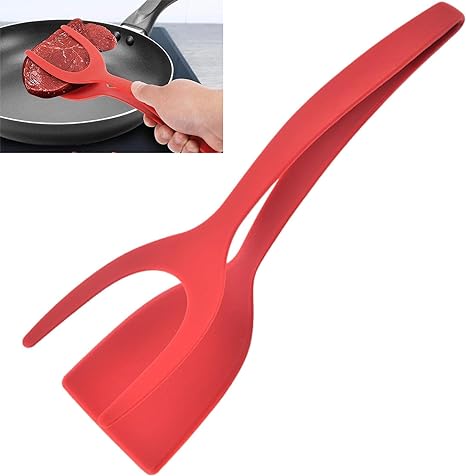 2 in 1 Grip and Flip Spatula Tongs Egg Flipper Tong Fried Egg Double Spatula, Non-Stick Food Clip Egg Turner Pancake Fish French Toast Omelet Making for Home Kitchen Cooking Tool (red)