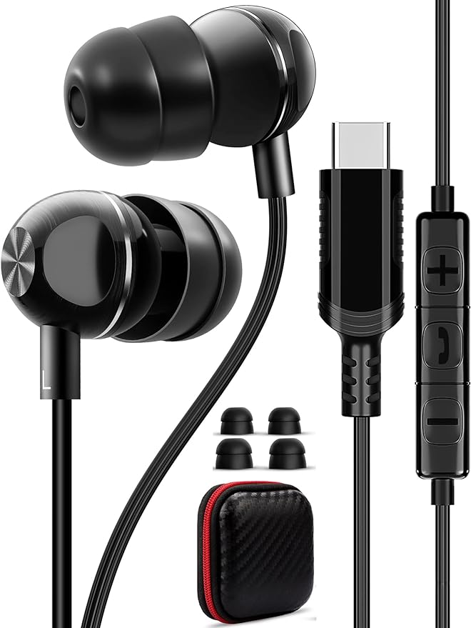 TITACUTE USB C Headphone for Samsung S21 S20 FE S22 Wired Earbuds Magnetic in-Ear Type C Earphone with Microphone Volume Control Bass Stereo Noise Canceling for Galaxy Z Flip 3 Pixel 6 5 OnePlus Black