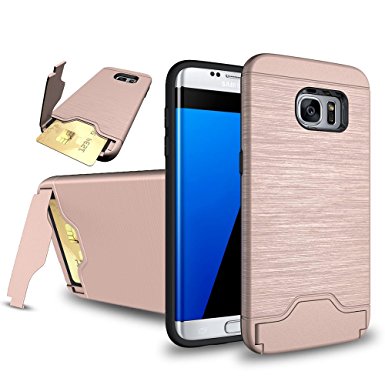 Galaxy S7 Edge Case,AOFU [Wallet Armor] Card Holder [Dual Layer] Hybird Shock Proof Protective with Kickstand Feature Premium Bumper Wallet Cases for Samsung Galaxy S7 Edge-Rose Gold
