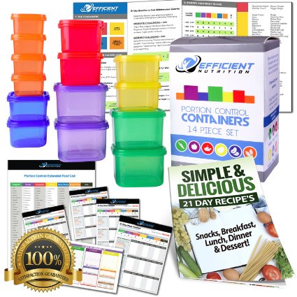 Portion Control Containers DELUXE Kit (14-Piece) with COMPLETE GUIDE   21 DAY PLANNER   RECIPE eBOOK by Efficient Nutrition - BPA FREE Color Coded Meal Prep System for Diet and Weight Loss