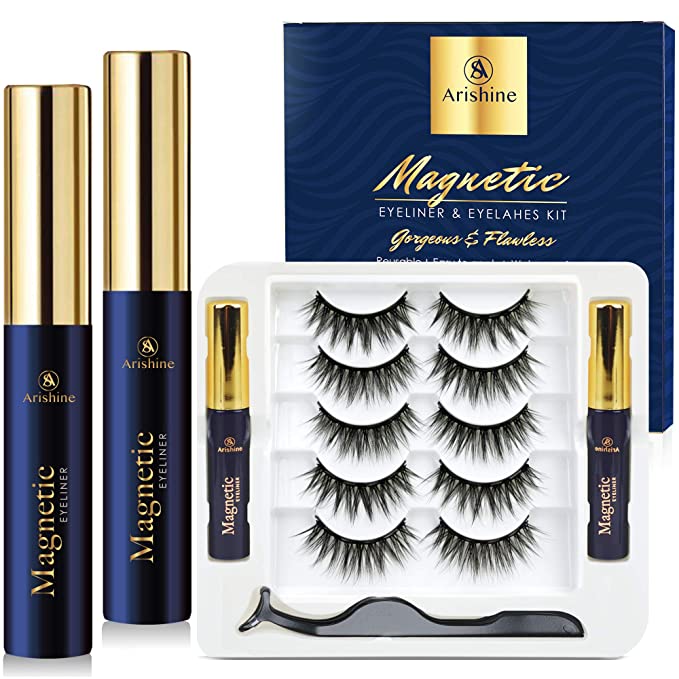 Arishine 5 Pairs Magnetic Eyelashes with Eyeliner Synthetic Fiber Material| 3D Faux Mink Lashes| Natural Round Look| Soft & Lightweight| Reusable| 100% Handmade & Cruelty-Free 502