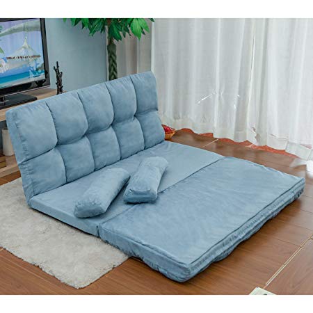 Double Chaise Lounge Sofa Chair Floor Couch with Two Pillows (Blue)
