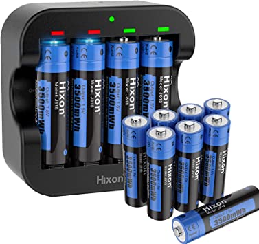 1.5V Lithium Batteries AA Rechargeable,12-Pack Hixon High-Capacity Long-Lasting Double AA Li-ion Battery with 2H Fast Charger,3500mWh,1600Cycle,3A Max Discharge