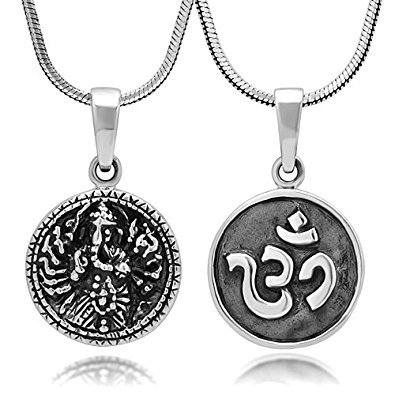 925 Sterling Silver Yoga Ganesha, Ganesh, Aum, Om, Ohm Reversible Round Pendant Necklace, 18 inches