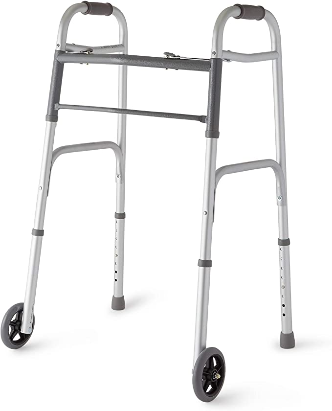 Medline Two-Button Folding Walker with Wheels, 5-Inch