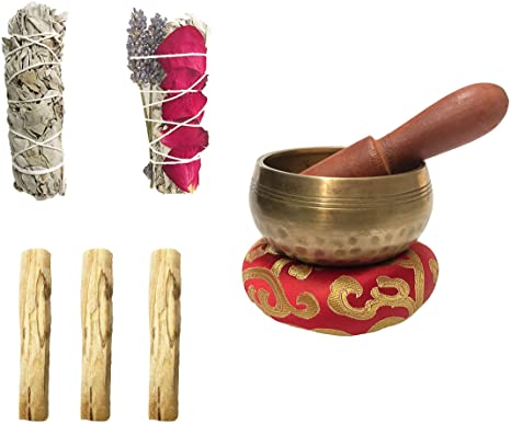 TOMOKO White Sage Smudge Kit - 3.5 Inches Tibetan Hand Hammered Singing Bowl, 2 White Sage (One with Rose and Lavender) & 3 Palo Santo! Healing, Purifying, Meditating, Incense!