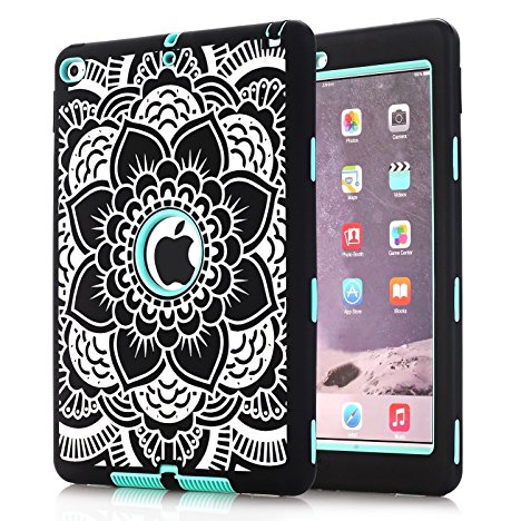 iPad Air 2 Case, iPad A1566/A1567 Case, Hocase Shock Absorbent Hybrid Dual Layer Hard Rubber Protective Case with Cute Mandala Floral Print for Apple iPad Air 2nd Generation (2014) - Black / Teal