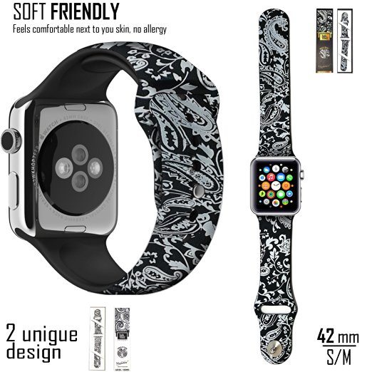 Apple Watch Band (Magie Noire) - Unique Design By Fashion Designer MADI BEKDAIR box design by RUSS FISHER - Soft TPU Silicone Apple Watch Replacement Band With Pin & Tuck 42mm (S/M Size)