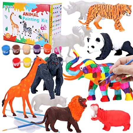 BOLZRA Safari Animals Painting Kit for Kids, 10Pcs Paintable Jungle Plastic Animal Figures, Paint Your Own Zoo Animals Figurine Creativity Toy DIY Crafts and Arts Supplies for Boys Girls Activities