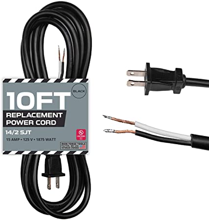 14 AWG Replacement Power Cord with Open End - 10 Ft Black Extension Cable, 2 Wire 14/2 SJT