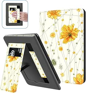 Ayotu Stand Case for 6" All-New Kindle 11th Generation 2022 Release, Premium PU Leather Cover with Hand Strap, Auto Sleep/Wake and Back Cover Adsorption, Only for Basic Kindle 2022, Yellow Flowers