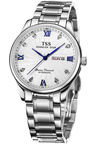 TSS Mens White Dial Blue Hand Silver Stainless Steel Band Automatic Movement Wrist Watch