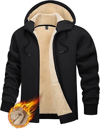 TACVASEN Men's Zip Up Sherpa Lined Hoodies Thick Fleece Heavyweight Jacket Windproof Thermal Zipper Sweatshirt