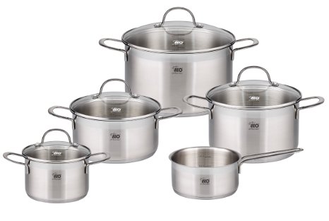ELO Top Collection Stainless Steel 9-Piece Cookware Set With Energy Saving Encapsulated Bottom Integrated Measuring Scale and Induction Ready