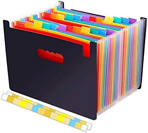 OrgaWise Expanding File Folder 24 Pockets Large Plastic Rainbow Expandable File Organizer Self Standing Accordion A4 Document Folder with 12 Customizable Tiered Tabs, Flap and Rubber Band Closure