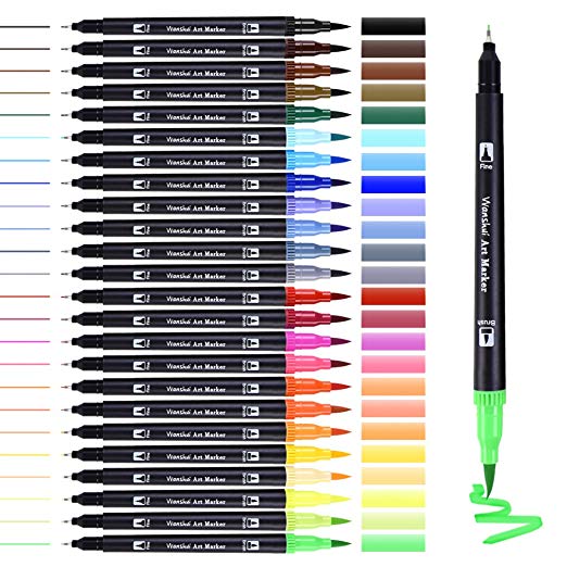 Dual Brush Pen Art Markers - 24 Colors Double-Ended Water-Based Fine and Brush Tip Bright Brush Markers for Adult Coloring Books, Manga, Calligraphy, Lettering