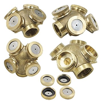 2NB 4 Holes Brass Stainless Low Pressure Misting Nozzles 1/4'' Water Atomizer Nozzle for Lawn Sprinkler Greenhouse Misting System Pack of 4