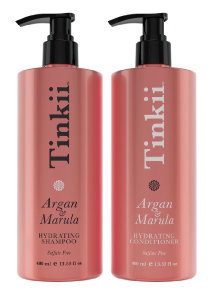 Argan and Marula Hydrating Shampoo and Conditioner By Tinkii 13.53oz/400ml - Salon Quality Combo Pack that Nourishes, Conditions, Protects and De-frizzes, Sulfate-free