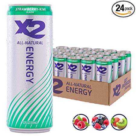 X2 All Natural Healthy Energy Drink: Great Tasting Non-Carbonated Energy Beverage with No Crash or Jitters – Less Sugar, Lower Calories - No Artificial Ingredients - Strawberry Kiwi - Pack of 24