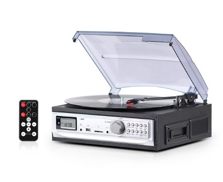 Record Player with Speakers and Cassette Player - Record on USB From Turntable & Cassette - 3 Speed Stereo Vinyl Record Player - A Vinyl Player with a Remote Control - Wooden Phonograph Record Player