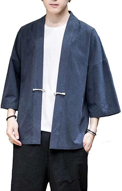 PRIJOUHE Men's Kimono Jackets Cardigan Casual Cotton Blends Linen Seven Sleeve Open Front Embroidery Coat