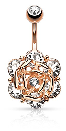 Flower Head with Gems CZ 316L 14GA Navel Belly Ring - Choose Silver Tone, Gold Tone, or Rose Gold Tone