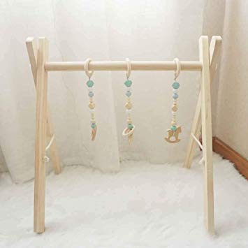 Cynzia Baby Foldable Wooden Play Gym with 3 Theething Gym Toys Frame Activity Gym Natural Hanging Bar Newborn Gift Baby Girl and Boy Gym (Green)