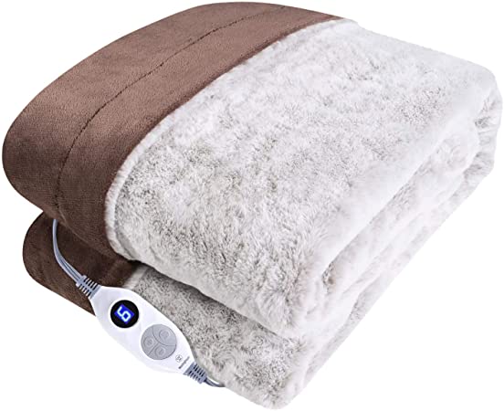 Westinghouse Electric Blanket Heated Throw Luxury Faux Fur to Flannel Reversible Heating Blanket 50"x60", 6 Heat Settings & 4 Hours Auto Off, Machine Washable, Snow Grey 50x60in