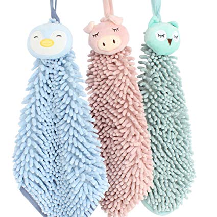 WINGOFFLY 3pcs Absorbent Hand Towel Set Chenille Microfiber Soft Kitcken Wash Towel with Rope Hanging, Pig   Owl   Penguin