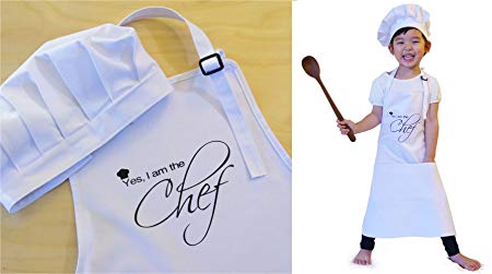 Ole Kids "Yes, I am the Chef" Children Apron + Chef Hat Set, White, 100% High Quality Cotton - Made For Real Kitchen Use, Fits 3-8 yrs