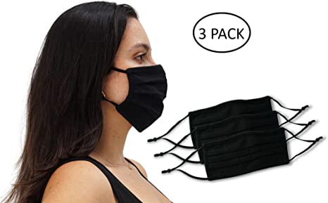 3 Pack Unisex Reusable Pleated Fabric Face Mask with Adjustable Elastic, 2 Layer, Washable, Nose Wire (Size OS, 3 Pack)