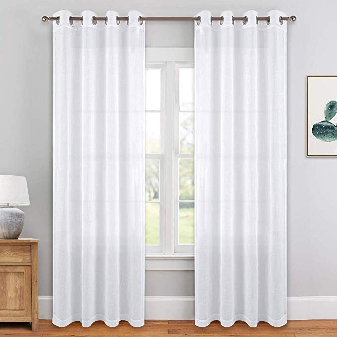 PONY DANCE Sheer Curtains 95" Long - Window Treatments Voile Linen Look Grommet Top Chrome Semi-Sheers Window Drapes for Living Room/Patio Sliding Glass Door, 52" W x 95" L, 2 Panels