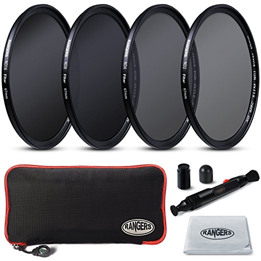 Rangers Focus Series 67mm Full ND Filters Includes Full ND2, ND4, ND8, ND16 Filters   Carrying Case   Lens Cleaning Cloth   Lens Cleaning Pen