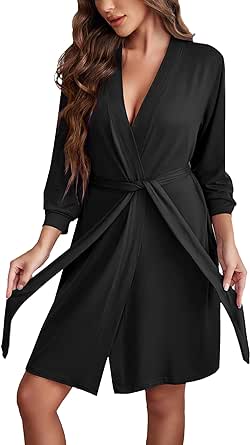 Ekouaer Women's Robe Lightweight 3/4 Sleeve Knit Bathrobe Soft Knee Length Sleepwear Robes with Pockets S-XXL