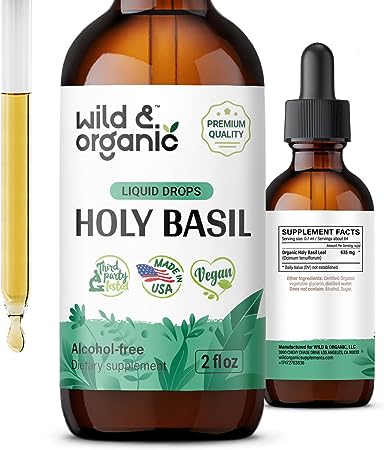 Holy Basil Tincture - Organic Holy Basil Leaf Liquid Extract - Vegan, Alcohol Free Drops Supplement - 2 fl oz