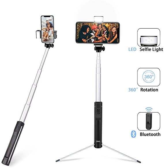 Selfie Stick with Light,All in 1 Lightweight Aluminum Alloy Extendable Selfy Sticks Tripod with Wireless Remote Shutter,Compatible with iPhone Xs max XR X 11 Pro 8 7 6s Plus,Galaxy S10 9 8 and More