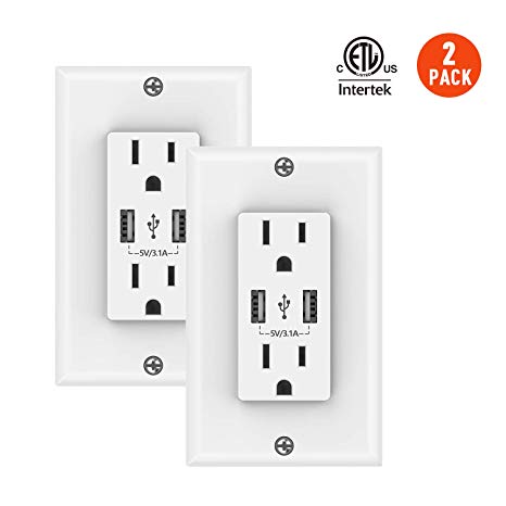 ZOOMACH USB Wall Charger Outlet,3.1A Fast Charge USB, 15A Tamper-Resistant Duplex Receptacle with Wall Plate, 2 Pack