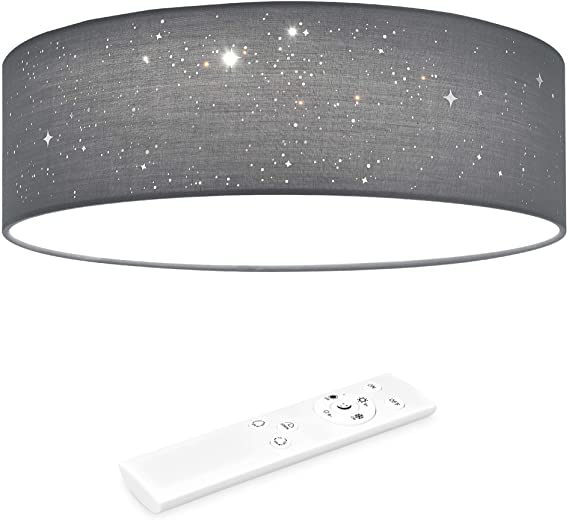 Navaris Flush Mount Ceiling Light - 15.75" Diameter Drum Lamp Shade Dimmable LED Fixture with Sparkling Star Effect and Remote Control - Light Gray